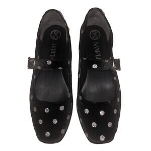 Sam and Libby Black Velvet Mary Jane Flats Silver Glitter Polka Dot Size 8.5